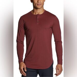 Cuts Elongated Henley Curve Hem T-Shirt Red Burgundy
